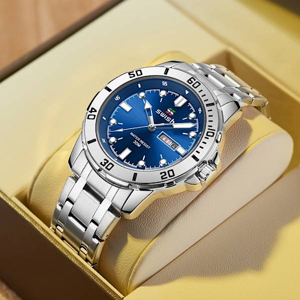 Mode Herrsportklockor Lyxiga rostfria watch Dubbelkalender Silver Guld Man Clock Relogio Masculino Blue Silver Blue