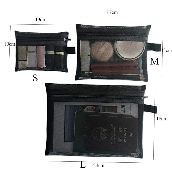 1 STK Kvinnor Nödvändig Kosmetikväska Transparent Mesh Dragkedja Organizer Mode Liten Stor Svart Toalettpåsar Case Black4 M