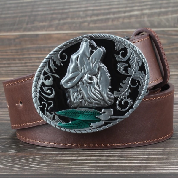 Northerner Wolf Head Metal Spänne Bälte Herr Coyote Wolf's Howl Totem Strap Hane Läder Jeans Midjeband Present till Man Type 8 130cm