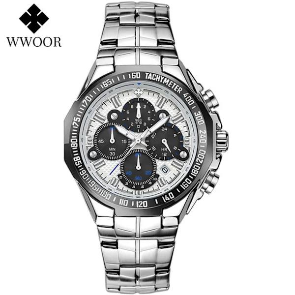 2023 WWOOR Watch Toppmärke Lyx Svart Watch Mode Sport Kronograf Stål Kvarts Herrklockor Relogio Masculino white black white