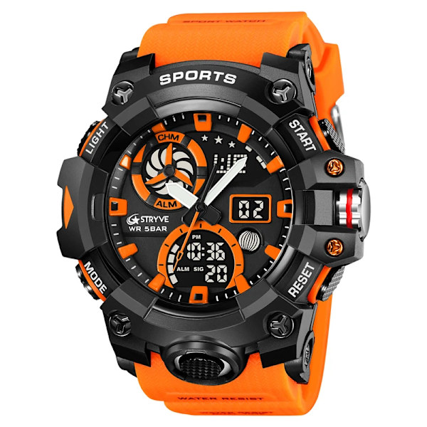 STRYVE Märke Herr Sportklockor Dual Display Analog Digital LED Elektronisk Quartz Armbandsur 50m Vattentät Watch 8027 Orange