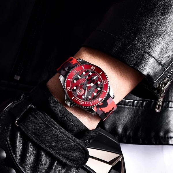LIGE New Fashion Herrklockor Toppmärke Lyx Kamouflage Quartz Watch Man Sport Röd Watch för män Reloj Hombre Red