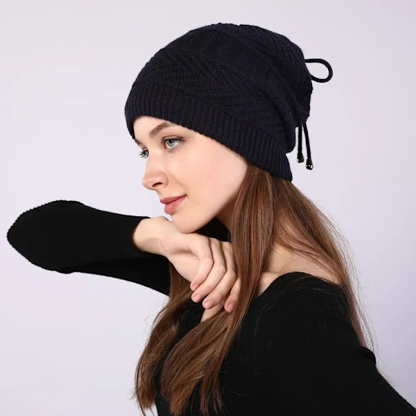 Mode Stretchig Stickad Skullies Beanies Hatt Solid Snood Halsduk Varm Beanie För Kvinnor Höst Vinter Kvinnlig Beanie Mössa Navy blue One Size