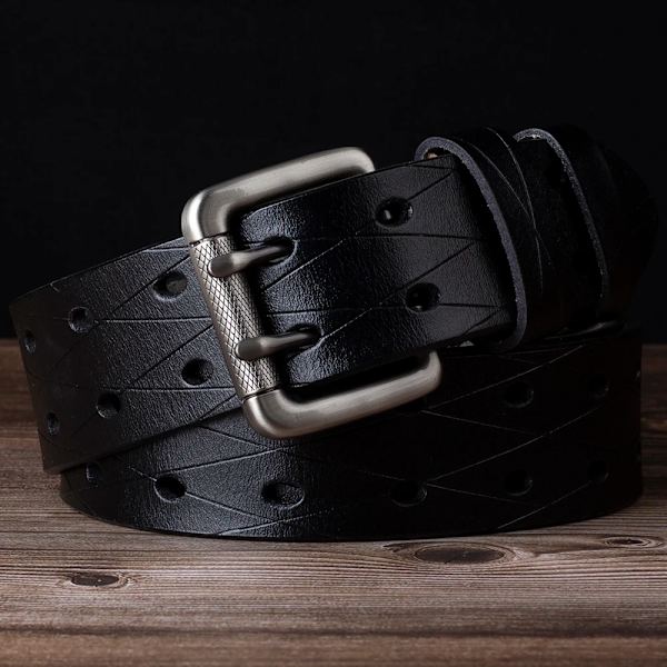 Mäns läder dubbelnålsspänne Klassiskt dragradshål Jeansbälte Cowboy Round Hole Black 115CM
