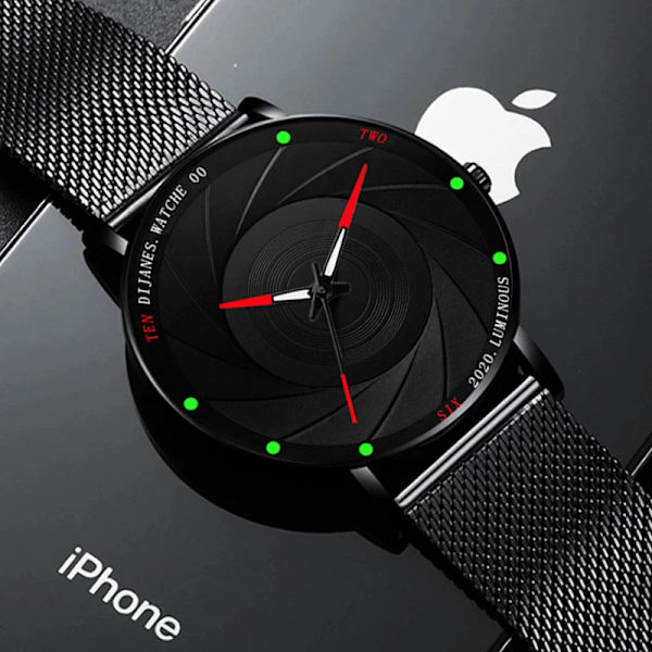 Minimalistiska herrmodeklockor Ultratunt rostfritt stål Mesh -bälte Quartz Watch Herr Casual Läderklocka reloj hombre Mesh Black Red