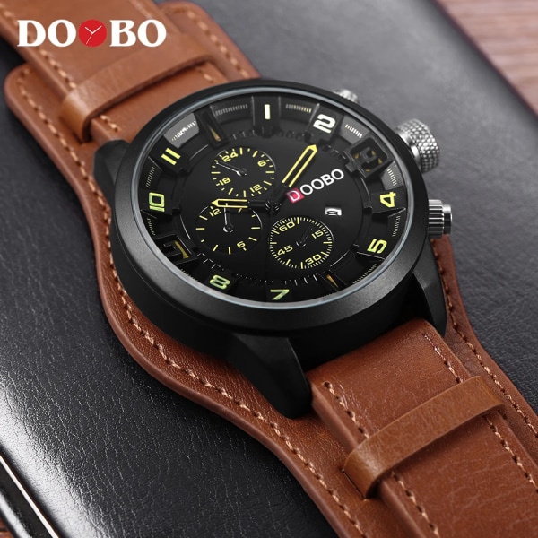 DOOBO Herr Casual Watch Herrklockor Toppmärke Lyx Quartz-klocka Läder Watch Handled Manklocka Drop black