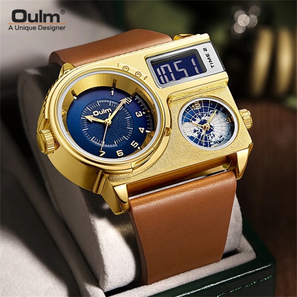 Oulm 5026 New Dual Display Två tidszon Watch Man Big Dial Quartz Clock Timmar Herr Armbandsur i äkta läder gold blue with box