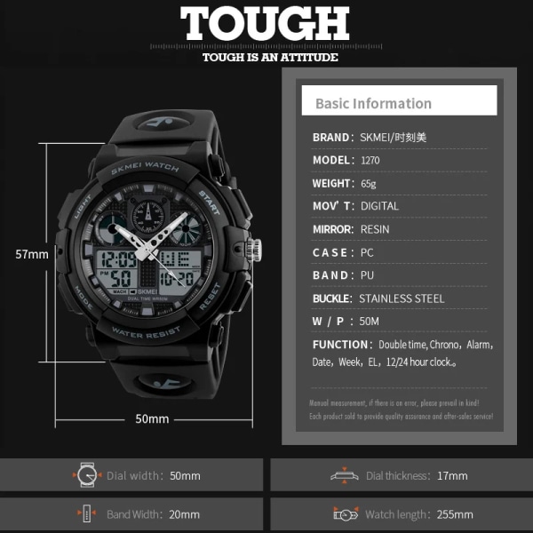SKMEI Sports Watch Herr Digital Double Time Chronograph Watches 50M Watwrproof Week Display Armbandsur Relogio Masculino 1270 black