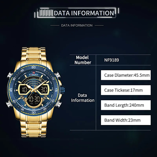 NAVIFORCE Mode Herrklockor Lyxiga Original Kvarts Digital Analog Watch för män Vattentät klocka i rostfritt stål RGCE