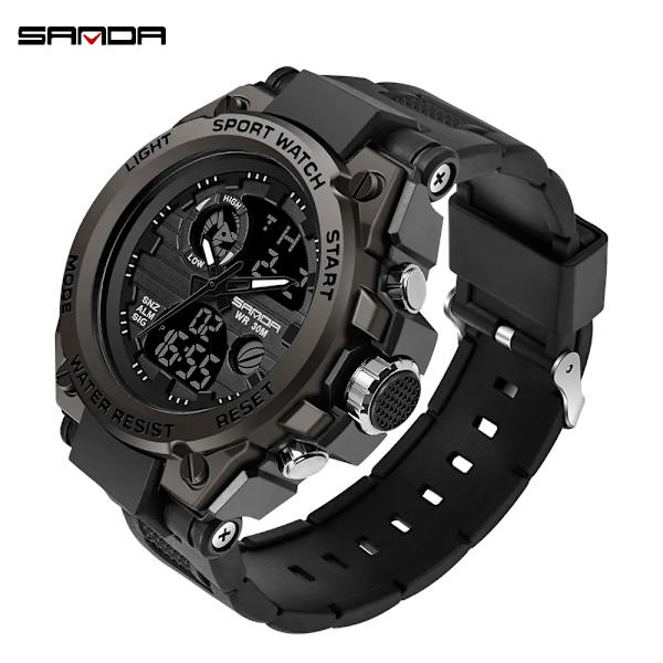 SANDA Sports Herrklockor Lyxiga Militärkvarts Elektroniska Klockor Stötsäkra Vattentät Digital Armbandsur Relogio Masculino Black