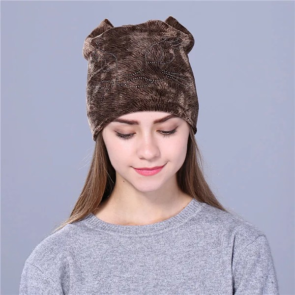 Xthree Flanell Autumn Skullies Beanies för Kvinnor Vinterhatt Söt Kitty Barnhatt för Flickor Gorras Burgundy