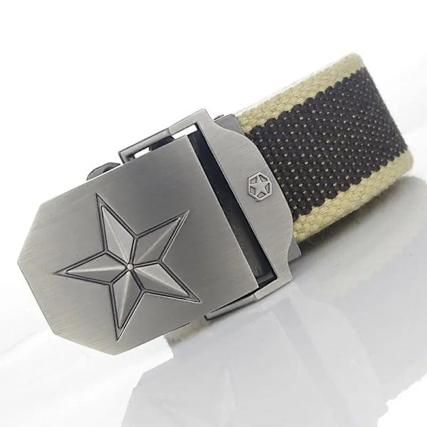 BOKADIAO Herr & Kvinnor Militär Canvas bälte lyxigt 3D-stjärna Metallspänne jeansbälte Army taktiska bälten för män midjeband hane Coffee beige side 100cm