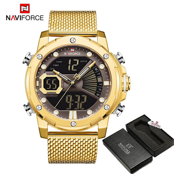 NAVIFORCE Originalklockor för män Lyxmärke Quartz Dual Display Militär watch Mesh stålband Vattentät klocka GCEG BOX