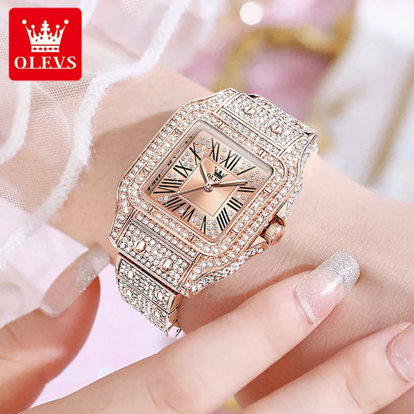 OLEVS Quartz Watch for Women All Diamond Luxury Waterproof Rostfritt stål Rose Gold Elegant Original Women's Quartz Watch Rose