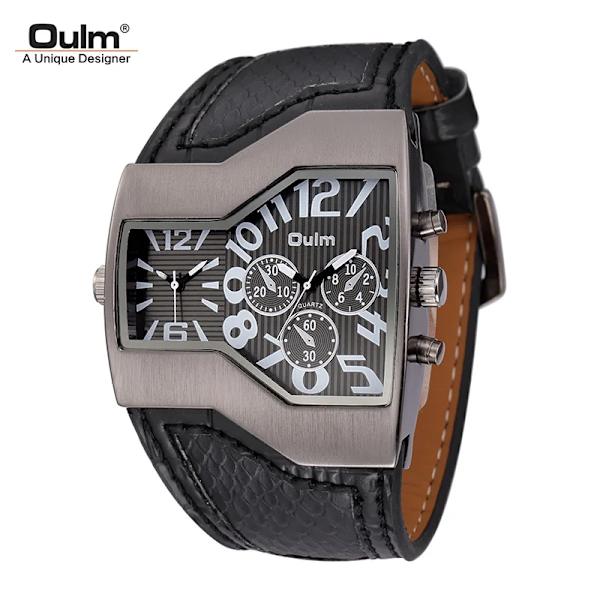 Oulm Klockor Toppmärke Lyx Militär Quartz Watch Unik Multipel Tidszon Läderarmband Herrarmbandsur Relogio Masculino Black