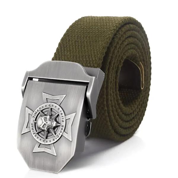 BOKADIAO Herr & Kvinnor Militär Canvas bälte lyxigt midjeband Skalle Cross Metal spänne jeans bälte Army taktiska bälten för manlig rem Army Green 100cm