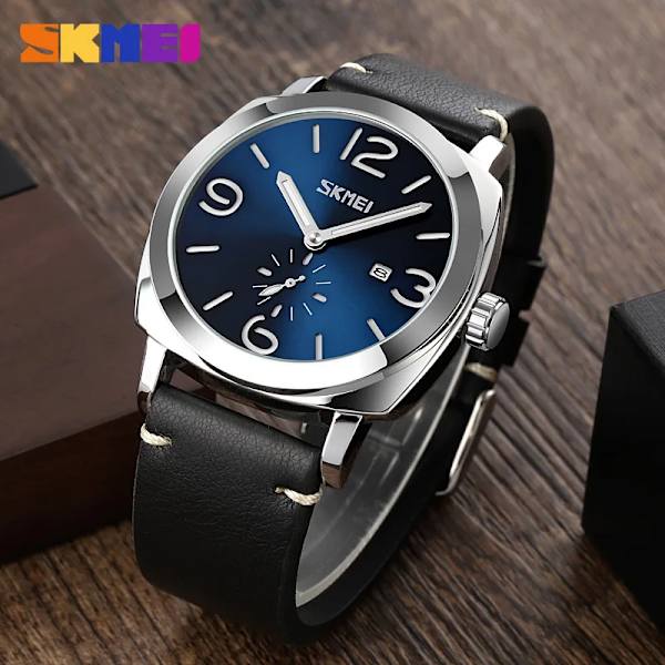 Watch SKMEI Märke Mode Sport Kvartsklockor Herr Läder Vattentät Chronograph Clock Business Relogio Masculino Silver White