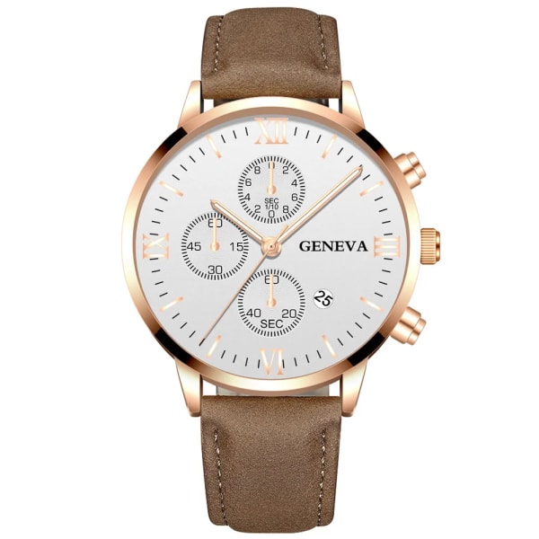 Mode Genève Män Datum Legering Case Syntetiskt Läder Analog Kvarts Watch Man Klocka Toppmärke Lyx Relogio Masculino 07 Brown-White-Rose