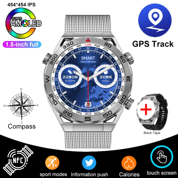 GPS-bana Ny Smartwatch Herr 1,5 tum 454*454 HD Bluetooth Calling NFC-klockor Kompass Vattentät EKG Smartwatch För Huawei Silver mesh belt