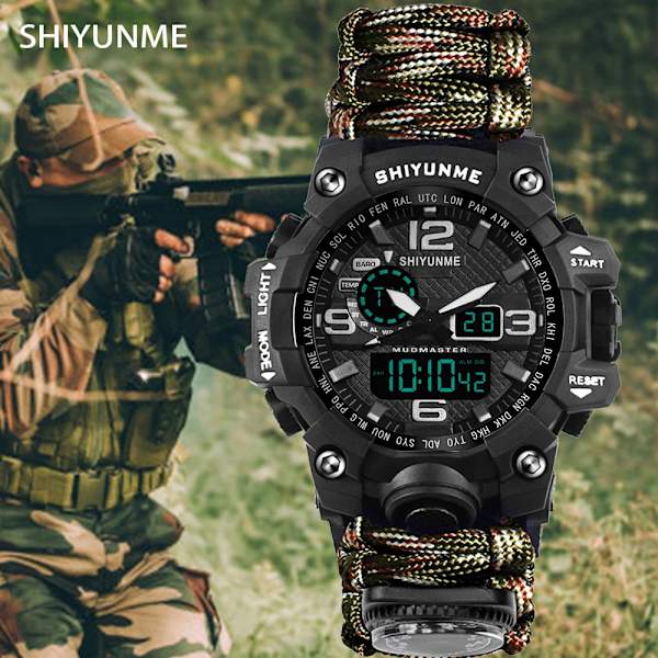 Utomhus Survival Watch Multifunktionell Vattentät Militär Taktisk Paracord Watch Armband Camping Vandring Nödutrustning Khaki with box strap
