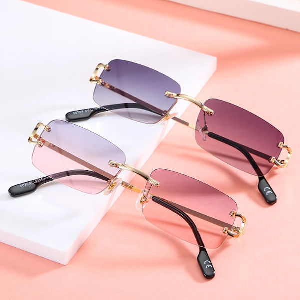 Kachawoo retro rektangulära solglasögon båglösa manliga kvinnliga uv400 små solglasögon mode blå rosa guld metall födelsedagspresenter purple pink lens as show in photo