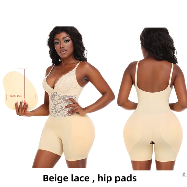 Body Shapewear Body Shaper Kvinnor Midja Slimming Enhancer Höftrumpskydd Öppen gren Axelremmar Spetsunderkläder Hip pad beige lace 3XL