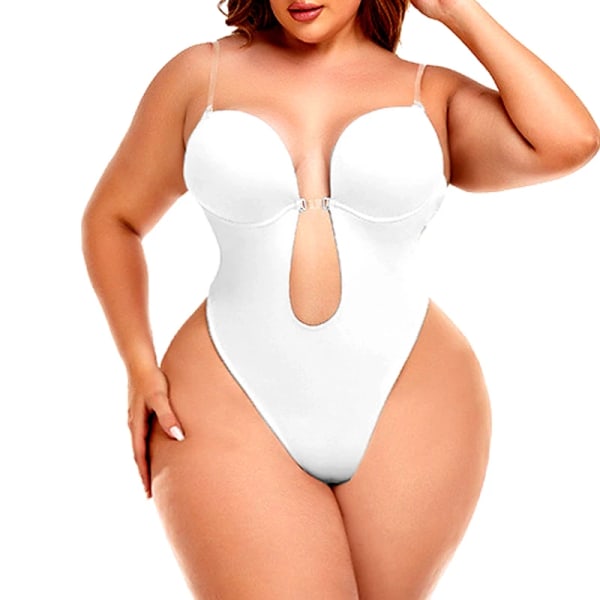 AfruliA Damklänning Rygglösa Bodysuits Shapewear Vadderad BH Helkroppsformare Sömlösa underkläder Stringtrosa Djup V-ringad Slipshorts fashion white L (36)