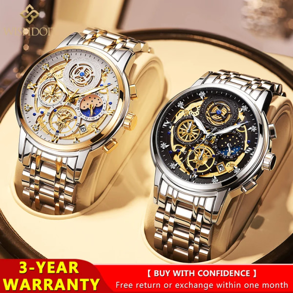 WISHDOIT Watch för män vattentät rostfritt stål Kvarts Analog Fashion Business Sun Moon Star Armbandsur Toppmärke Silver Black