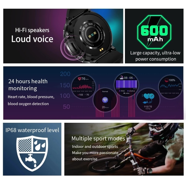 LIGE Smart Watch Herr 1,6 tum Full Touch Armband Health Monitor Sportklockor Bluetooth Call Smart Clock Herr Smartwatch Green 600mA-Bluetooth call