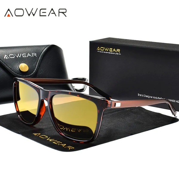 AOWEAR HD Night Vision Glasögon Herr Aluminium Gul Lens Solglasögon Herr Polariserade Night Safe Driving Goggles Oculos Gafas De Sol Brown Night Vision