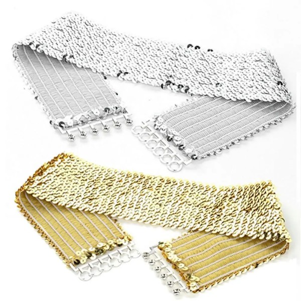 Guld Silver Färg Bälte Cool Punk Glittrande Paljetter Elastisk Stretch Bred midjeband Dam Klänning Midjebälte Smycken Tillbehör Gold 70cm