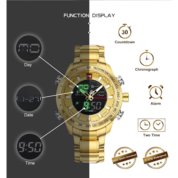 NAVIFORCE Lyxmärke Herr Watch Guld Quartz Led-klocka Herr Vattentät armbandsur Watch för män Relogio Masculino GG