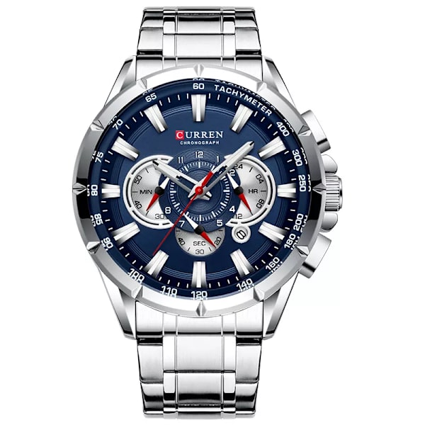 Curren Herrklockor Toppmärke Lyx Chronograph Quartz Watch Vattentät Watch Herr Rostfritt stål Herrklocka Silver Blue