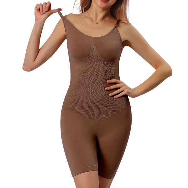 MISTHIN Kvinnor Helkroppsformare Magkontroll Långa trosor Sömlös Bodysuit Rem Kompression BH Plus Underkläder Slimming Shorts Brown L