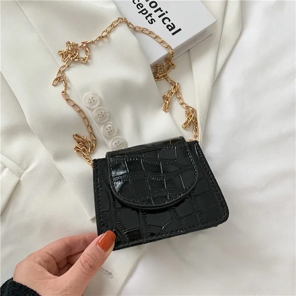 Kvinnor Axelväskor Stenmönster Pu Läder Trend Designer Kedja Haspväskor Myntväska Mini Enkel fyrkantig väska Black Super MIni