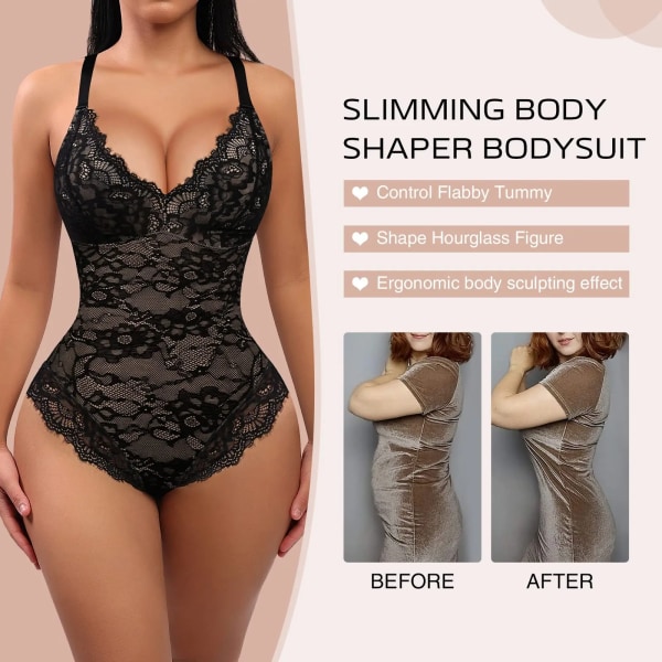 Body Shaper för kvinnor Magkontroll och Black Fat Waist Trainer Shaper Silmming Underklänning V-ringad Spets Body One Piece Shaper Black M