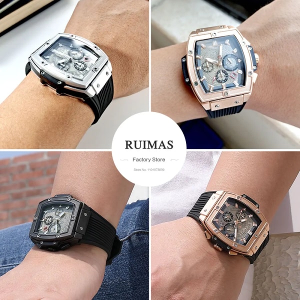 MEGIR & RUIMAS Klockor för män Mode Militär Sport Tonneau Chronograph Quartz Armbandsur med datum 24-timmars 3atm Vattentät Black-Box