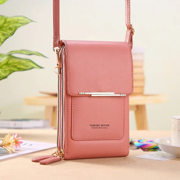 Buylor Damväska Trend Handväskor Mjukt läder Små plånböcker Touch Screen Mobilväska Mode Crossbody axelväskor PINK 11x5x19CM