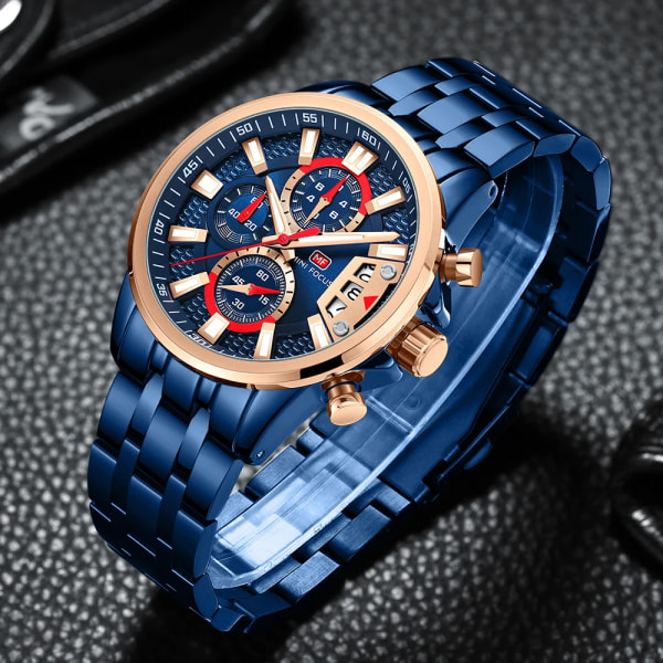 MINI FOCUS Luxury Sports Quartz Watch för män Mode Chronograph Multifunktion Vattentäta klockor Rostfritt stål Armband Klocka RAINBOW BLUE