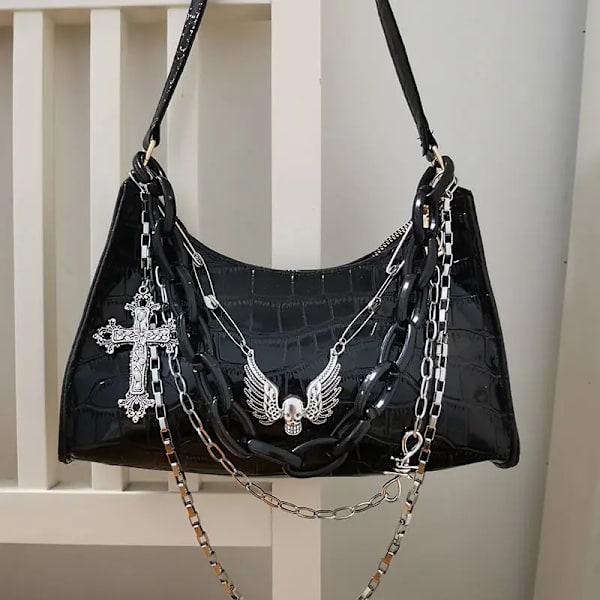 MBTI Y2k Hot Girl Kedja Krokodilmönster Handväska Sommar Subkultur Mörk Punk Underarmsväska Cross Skull Axelväska Black 24X14X6