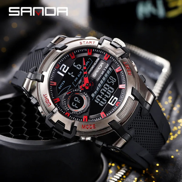 Sanda ny manlig Sports Watch personlighet cool vattentät elektronisk watch mode stor urtavla watch man black red