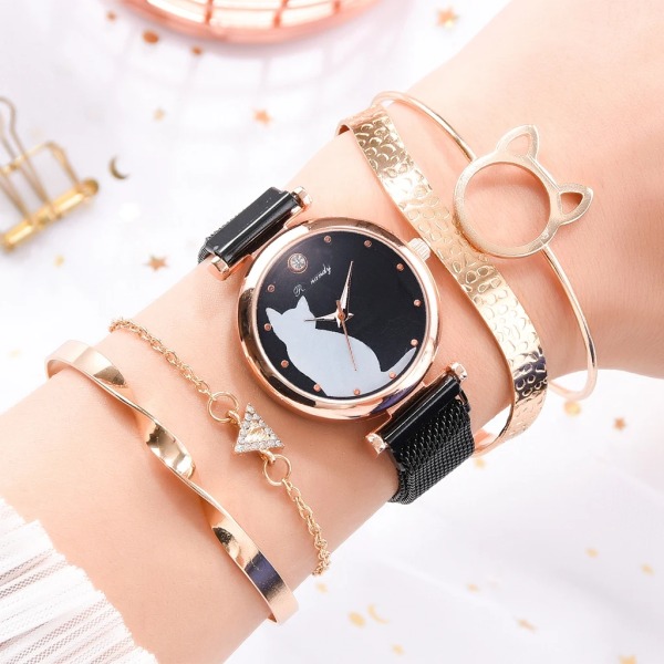 Watch Dam Quartz Armbandsur Mesh Armband Söt katturtavla Lyx Watch Casual Damklocka Relogio Femenino Rose Gold