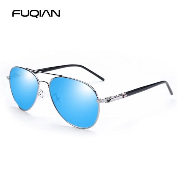 FUQIAN Mode Pilot Män Polariserade Solglasögon Oversized Metal Aviation Man Solglasögon Klassiska Svarta Driving Shades UV400 Silver Silver Polarized