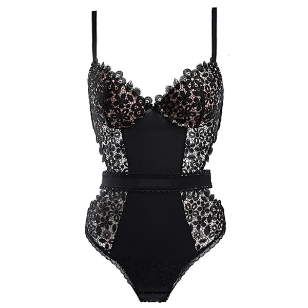 Sexig bodysuit för kvinnor Broderi Spets Ihålig rygg Vadderad kupa Bygel i ett stycke Underkläder Sexiga underkläder utan ärm White
