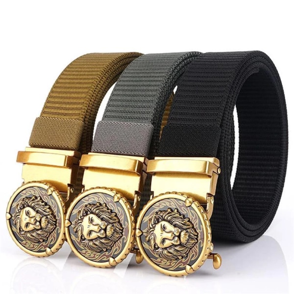 SupSindy Mans Nylon Lyx Guld Lions Metall Automatiskt spänne Canvasbälten för män Mode Jeans Midjeband Svart manlig rem Gold buckle khaki 110cm