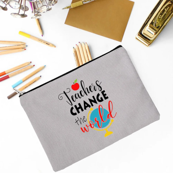 Lärare Change The World Print Kosmetisk väska Tillbehör Förvaringsväskor Resetvätt Påse Case Skolpapper Lärarpresent TW102755-TBGY-D
