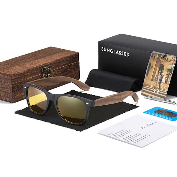 GM Märke Valnöt Trä Polariserad Solglasögon Herr Fyrkantig Båge Solglasögon Dam Solglasögon Man Oculos de sol Masculino S7061h Night Square Box Black