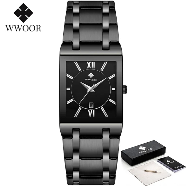 Relogio Masculino WWOOR watch herr fyrkantiga herrklockor Toppmärke Lyx gyllene kvarts rostfritt stål vattentät watch full black