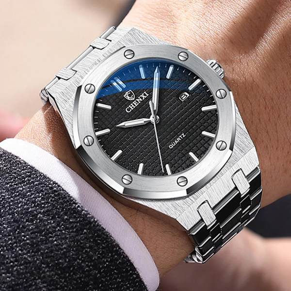 Big Dial Casual Herrklockor Lyxigt rostfritt stål watch för män Toppmärke Vattentät Quartz Minimalism Klocka Black with Box
