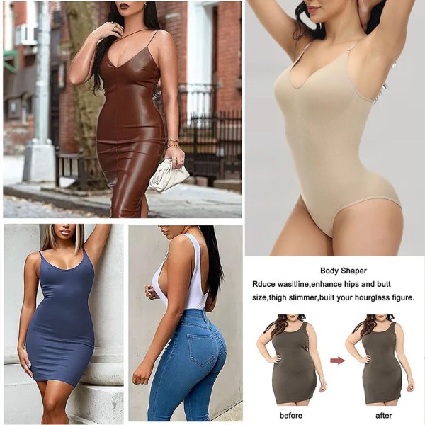 GUUDIA V-hals Spaghetti Strap Bodysuits Compression Body Suits Öppen gren Shapewear Slimming Body Shaper Smooth Out Body apricot L